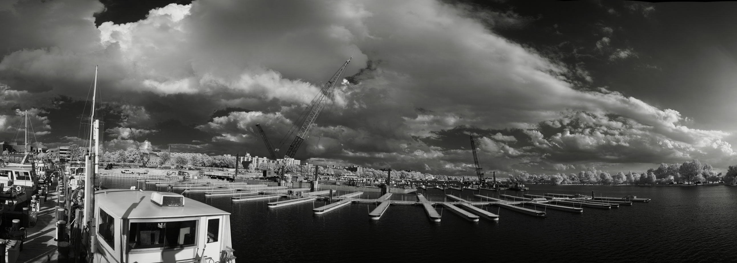 Infrared Panorama of Pleasure Boat Docks and Construction.